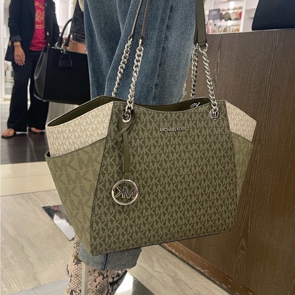 Michael Kors Green and Cream Signature Tote